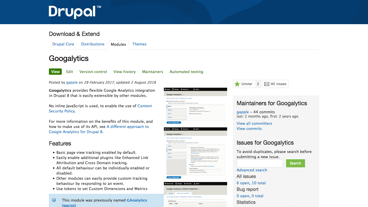 Googalytics module Drupal.org page