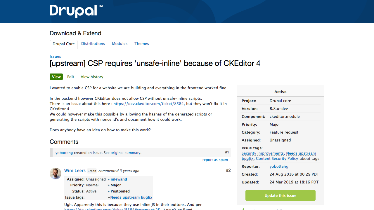 Drupal core issue for CKEditor 4 requiring unsafe-inline CSP policy