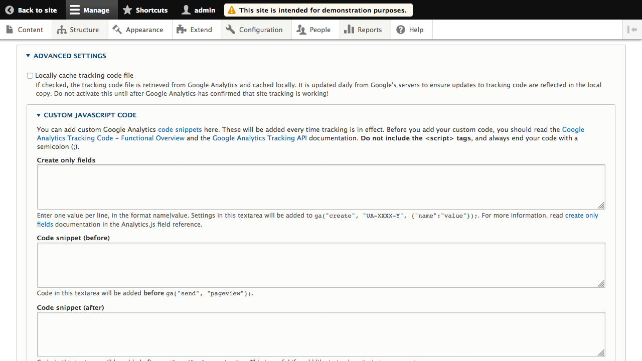 Drupal administration page, with field for script to be added inline on every page