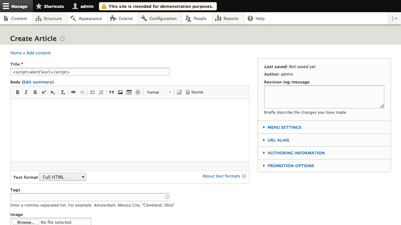 Drupal node creation page, with XSS attempt in the title field